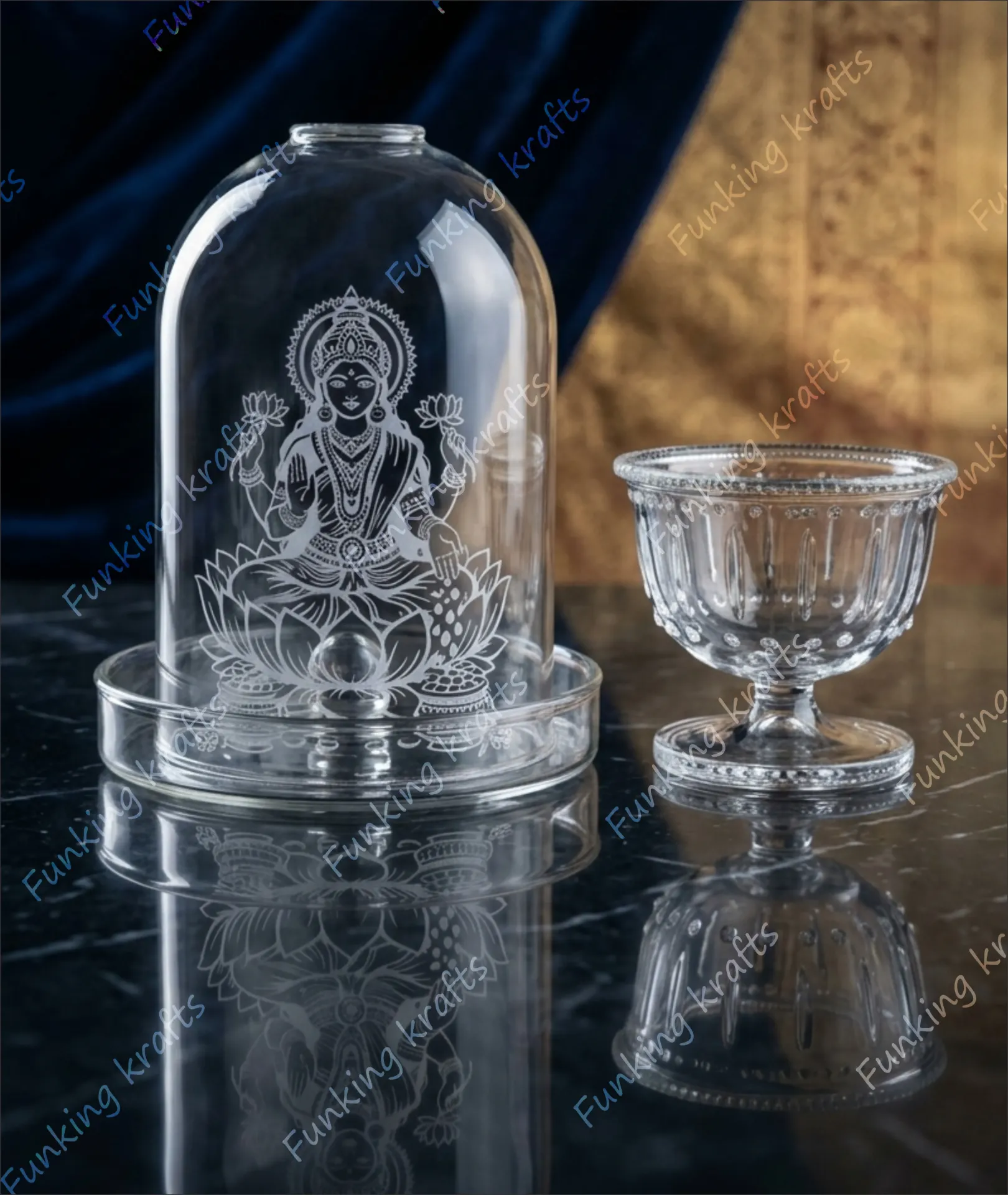 Engraved Borosilicate Laxmi Diya Set