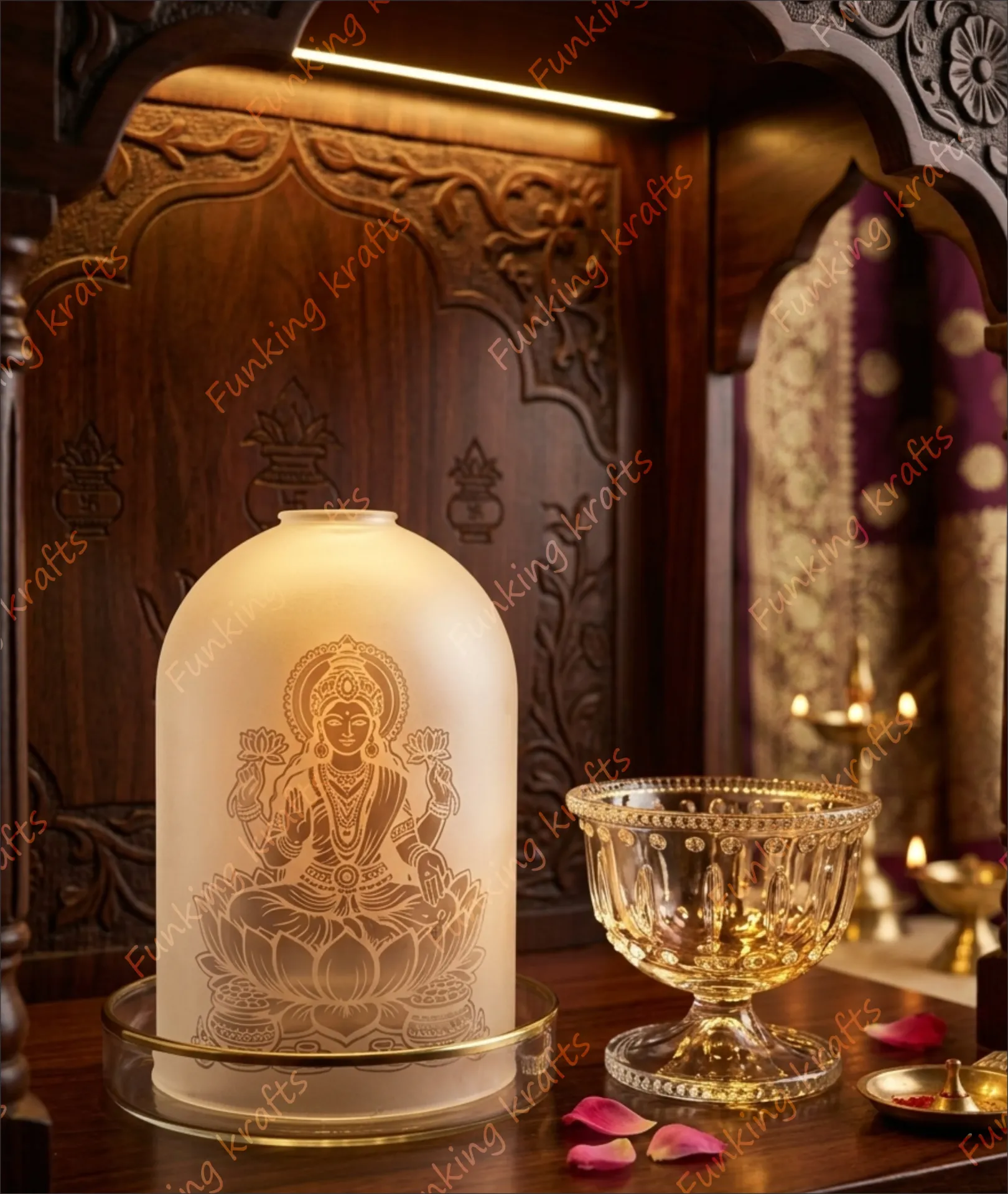 Engraved Borosilicate Laxmi Diya Set Frosted