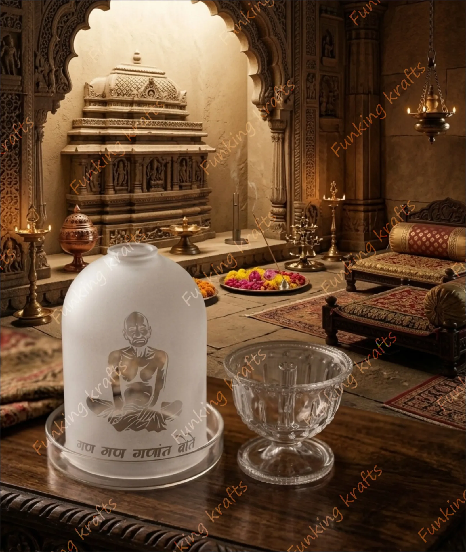 Engraved Borosilicate Gajanan Maharaj Diya Set Frosted