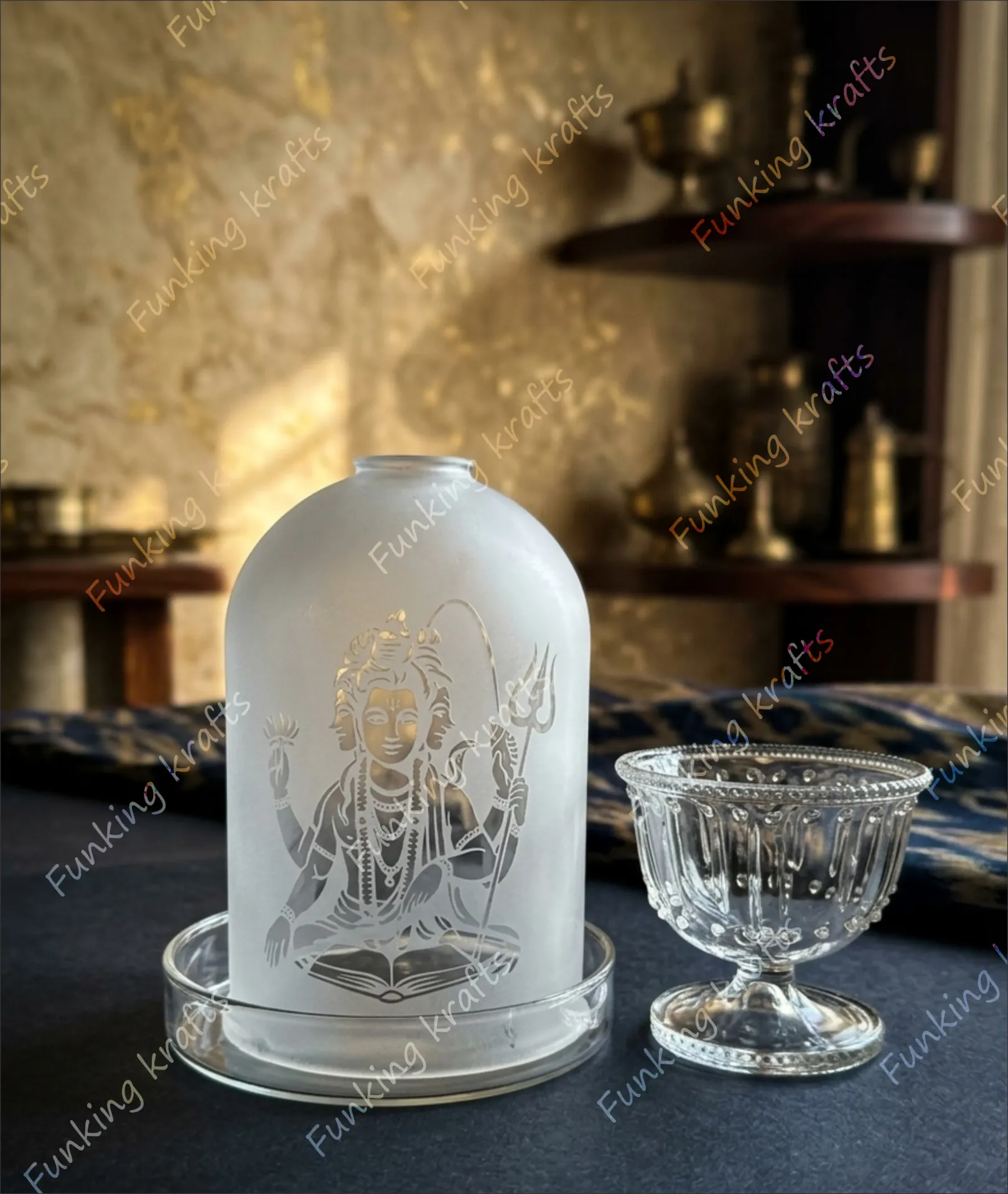 Engraved Borosilicate Dattaguru Diya Set Frosted