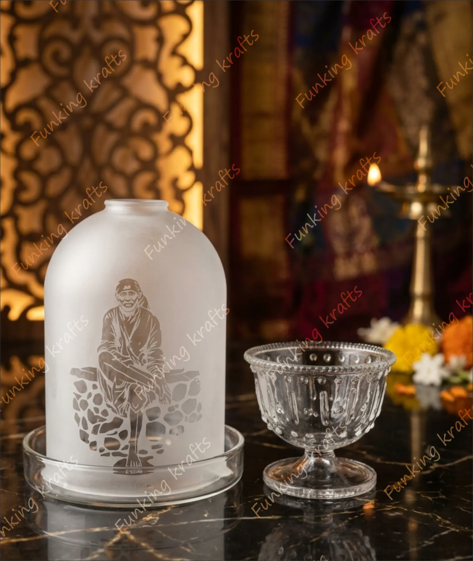 Engraved Borosilicate Saibaba Diya Set Frosted