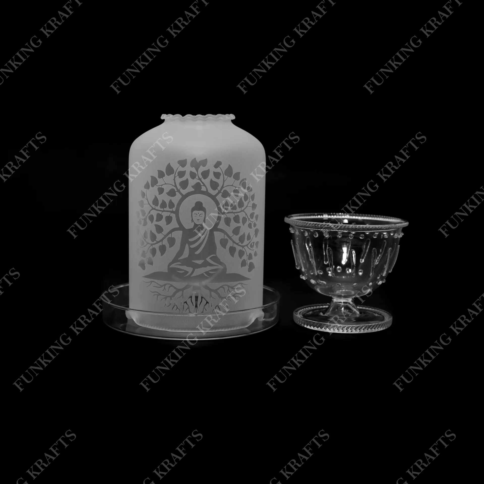 [FK-BDBTS-026] Engraved Borosilicate Diya Set Frosted (Buddha Peepal Tree) (small)